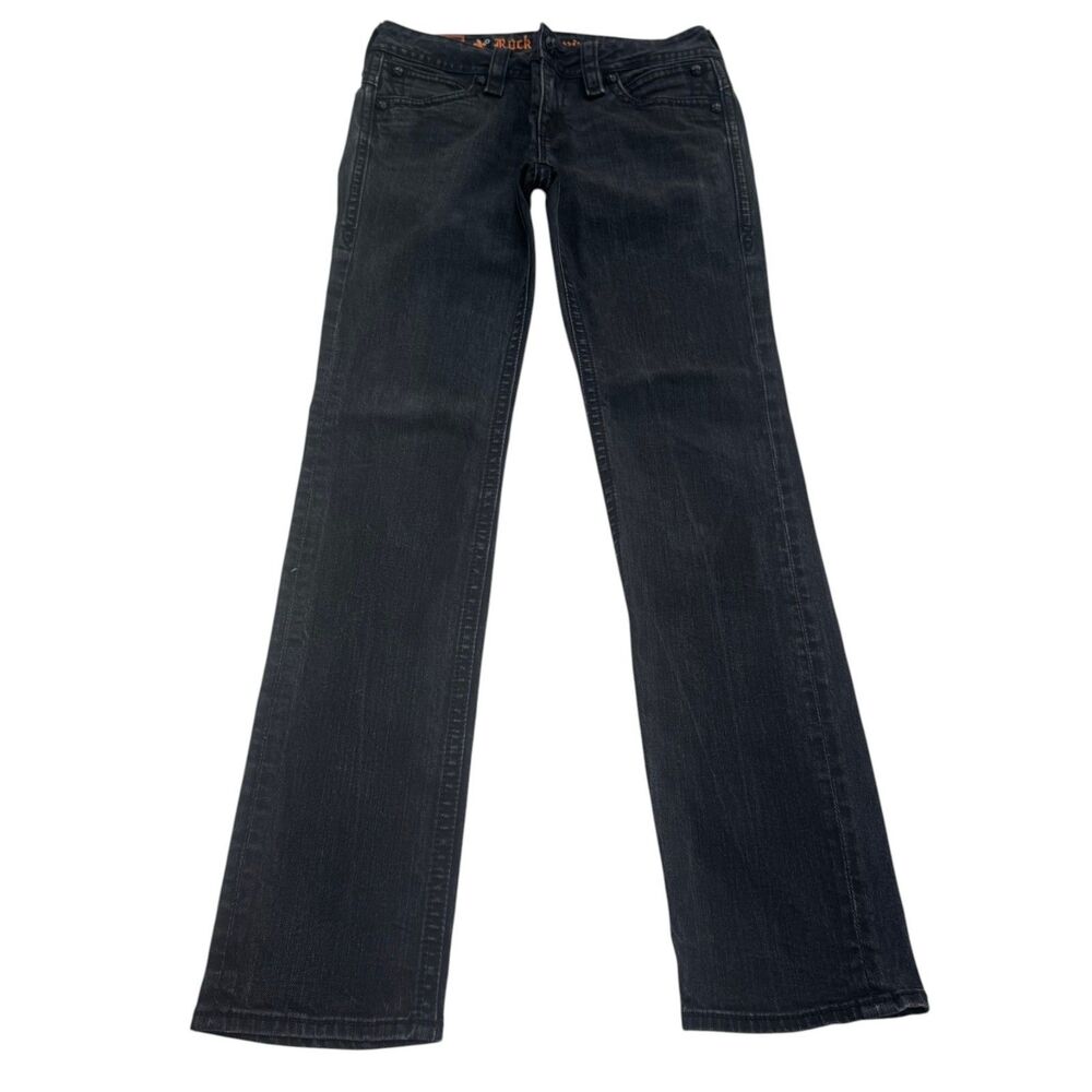 Rock Revival Patti Skinny Jeans Women 34x33 Black Faded Fleur de Lis Y2K Style